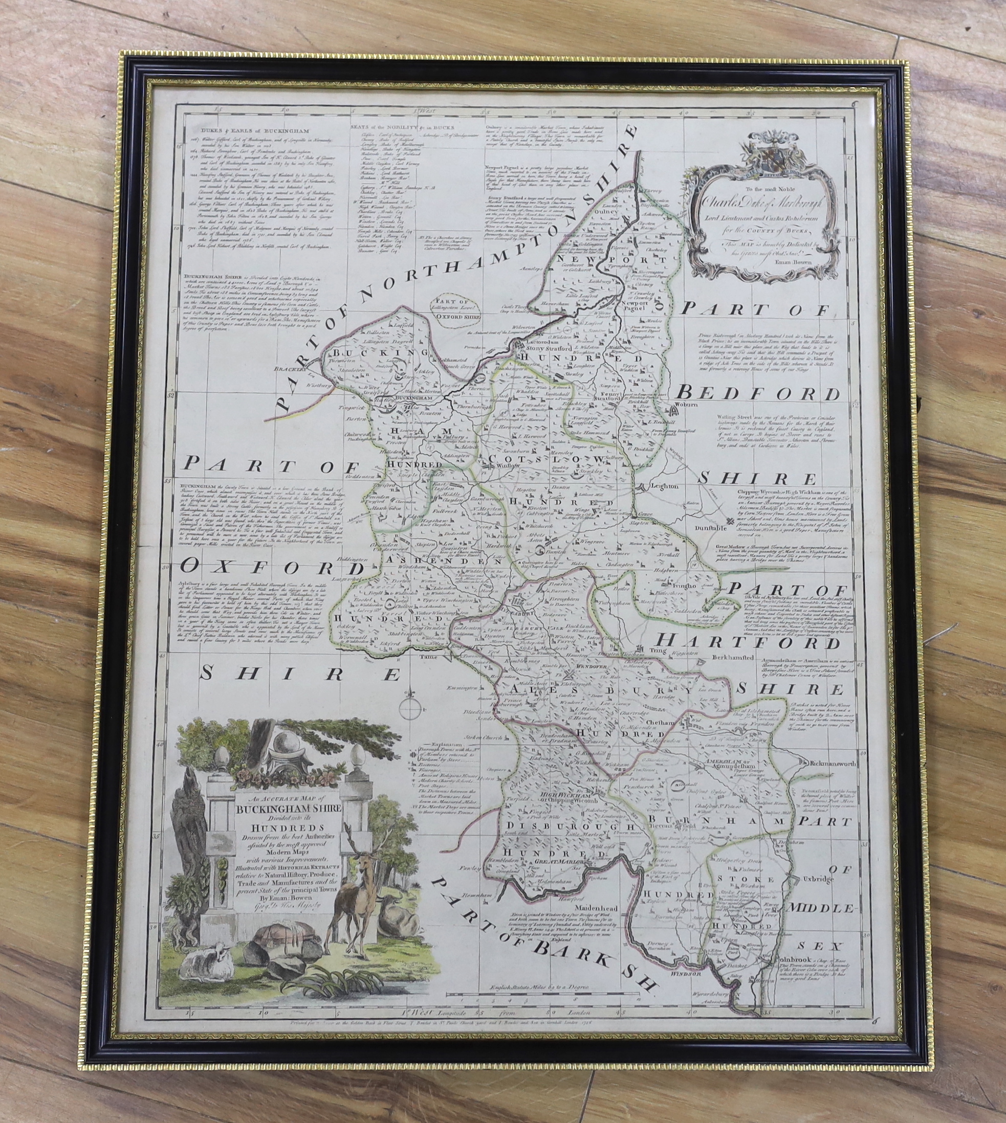 After Emanuel Bowen (1694-1767), hand coloured map of Buckinghamshire, printed for R Sayer, T Bowles and I Bowles, 1756, 72 x 56cm